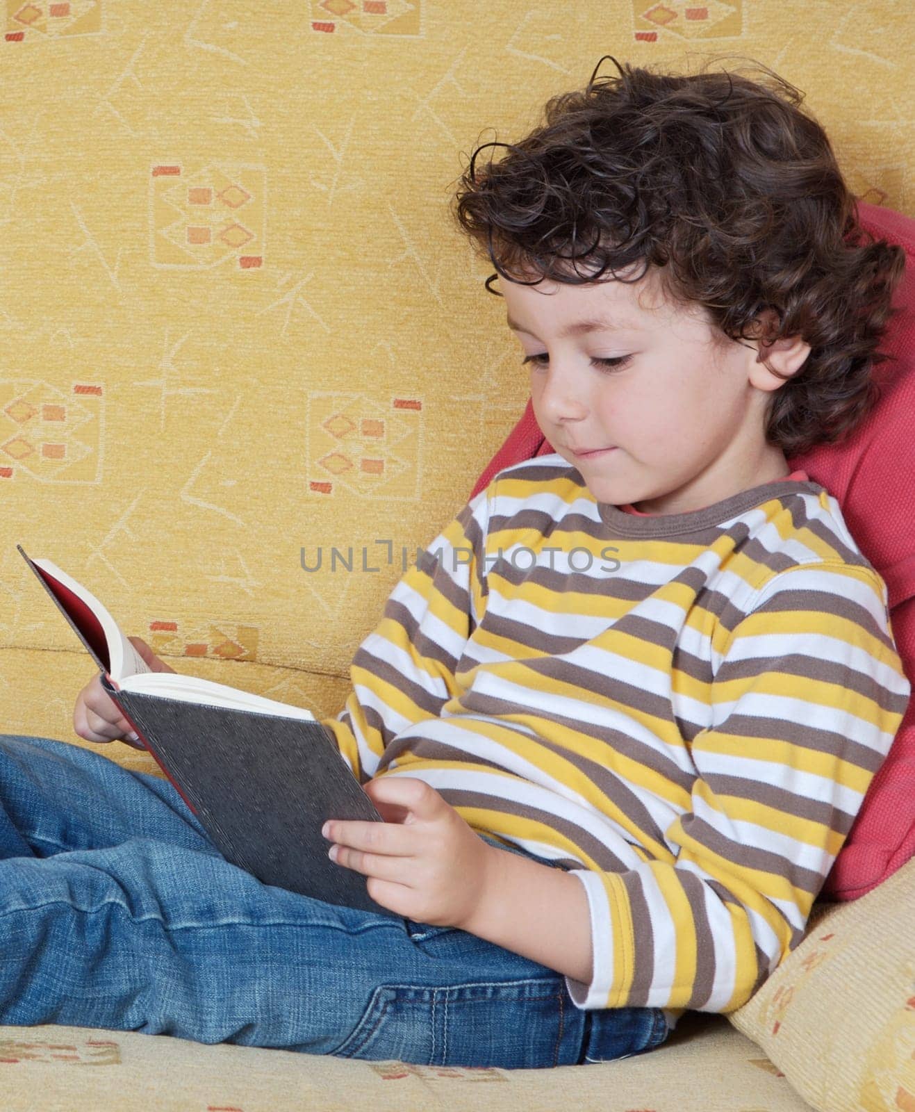 adorable happy boy reading in the armchair of your house