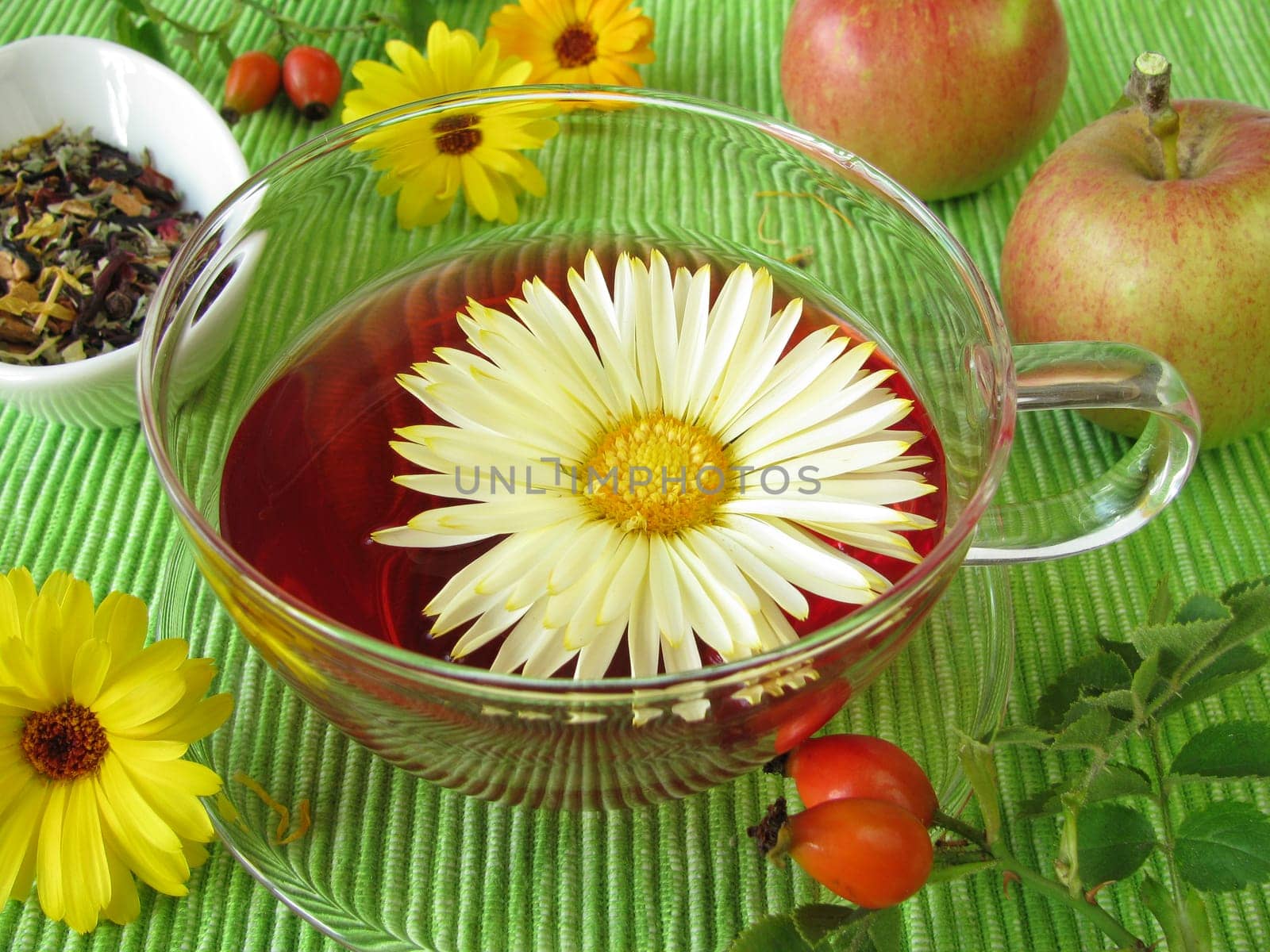 Fruit tea with marigold blossoms,rose hips and apples