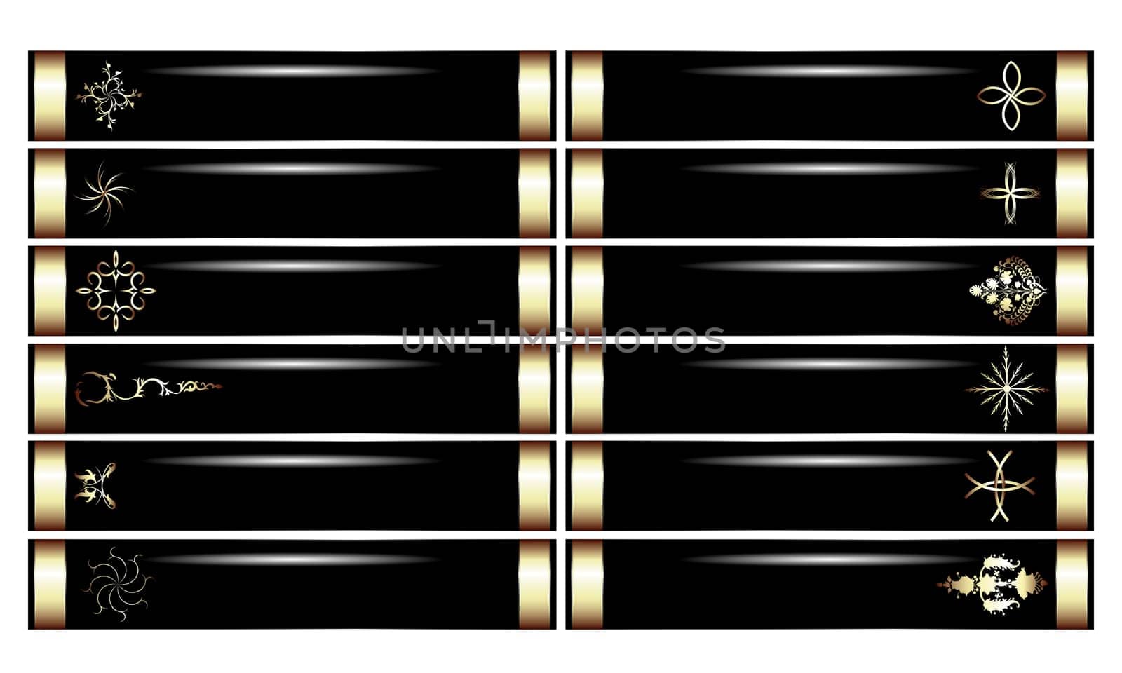 Decorative banners set in black and gold over white background, no mesh or transparencies used