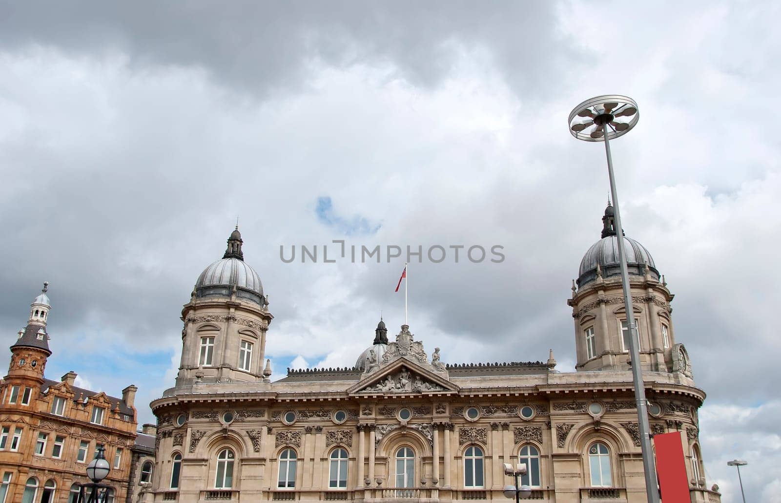 The Twin Domes of an ornately carved Victorian Era Civic Building in Yorkshire