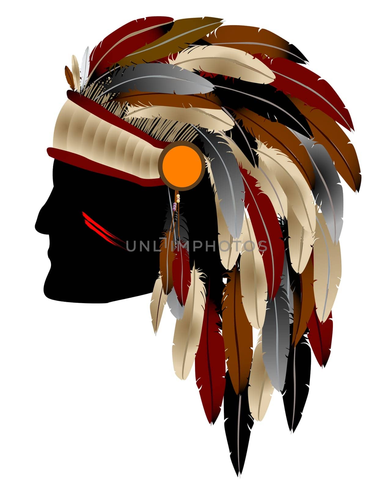 Native American Indian chief with feathers, isolated object  over white background