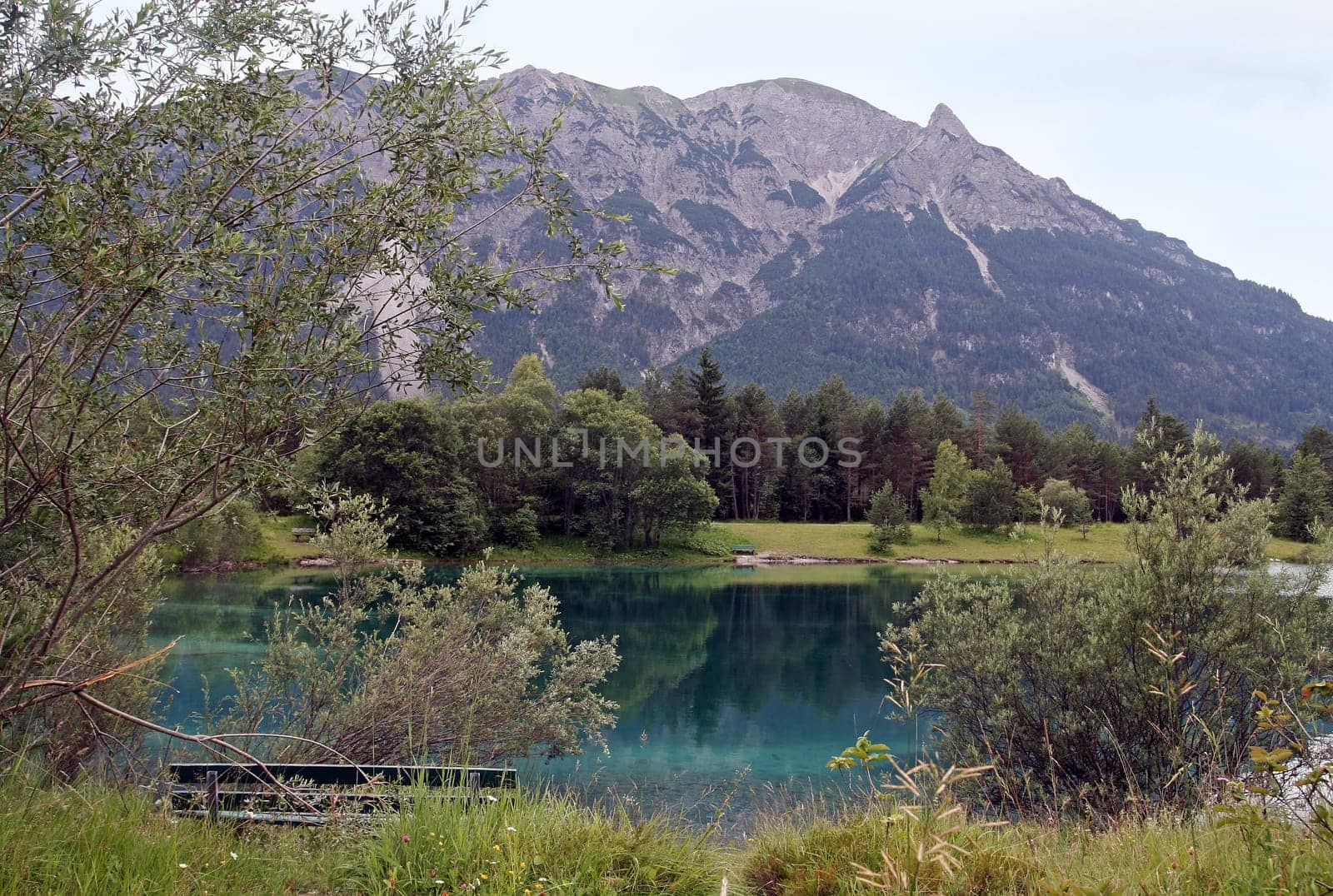 The blue lake in the mountains