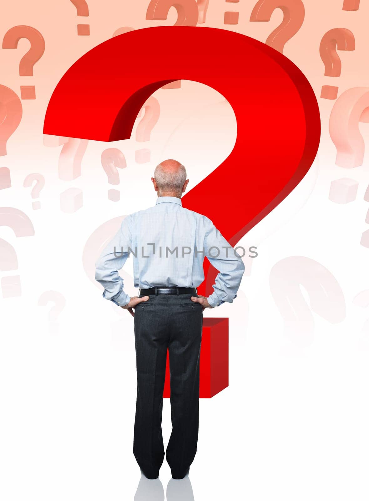portrait of senior caucasian worker with question mark