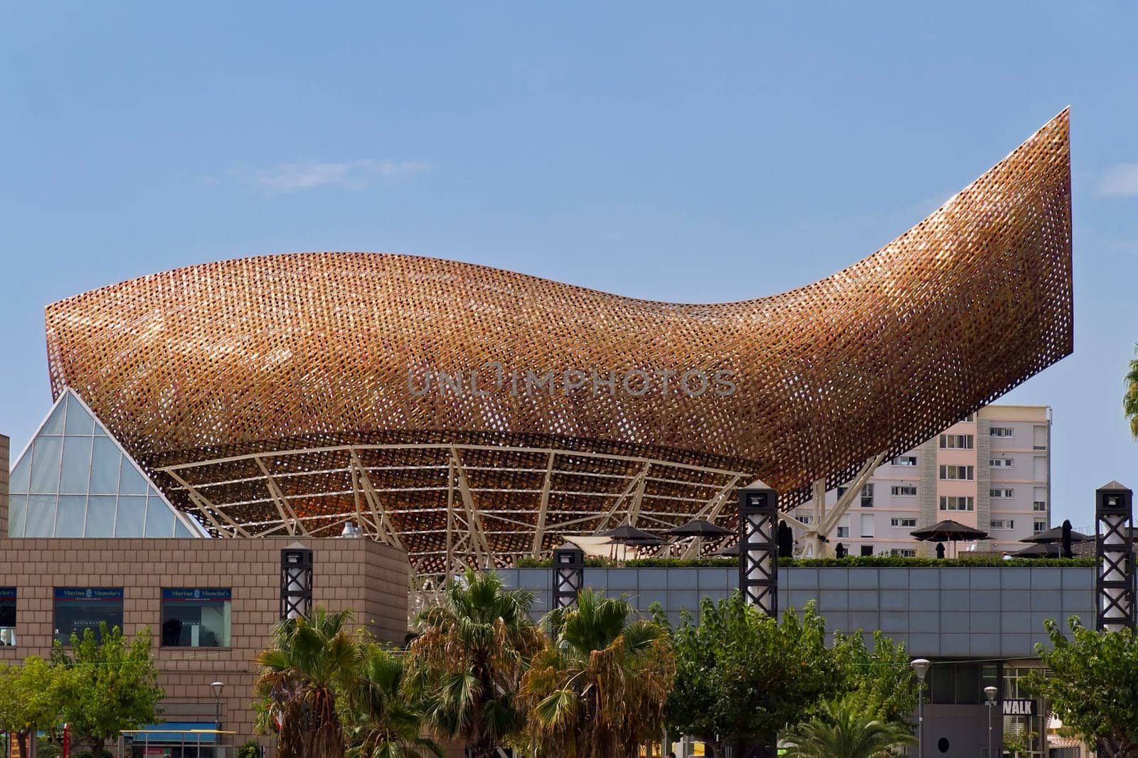 Frank Gery whale sculpture on the beach in Barcelona Spain
