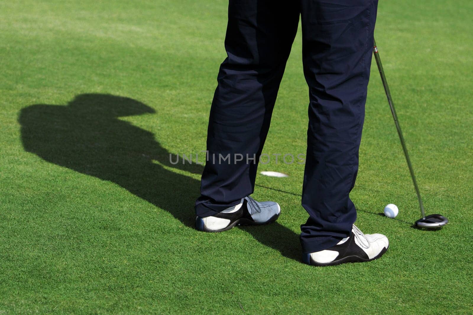 A man is standing on the green of a golf course. He is putting the ball into the hole.