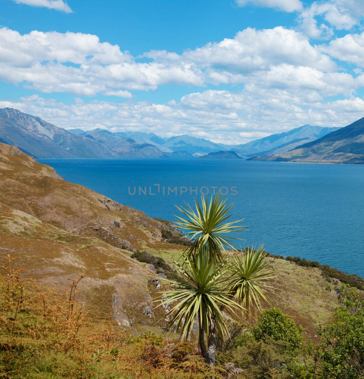 View of the water and surrounding mountains at Lake Hawea in New Zealand