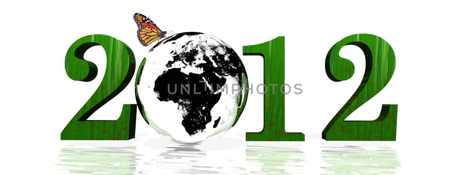 Green 2012 with earth and butterfly in white background