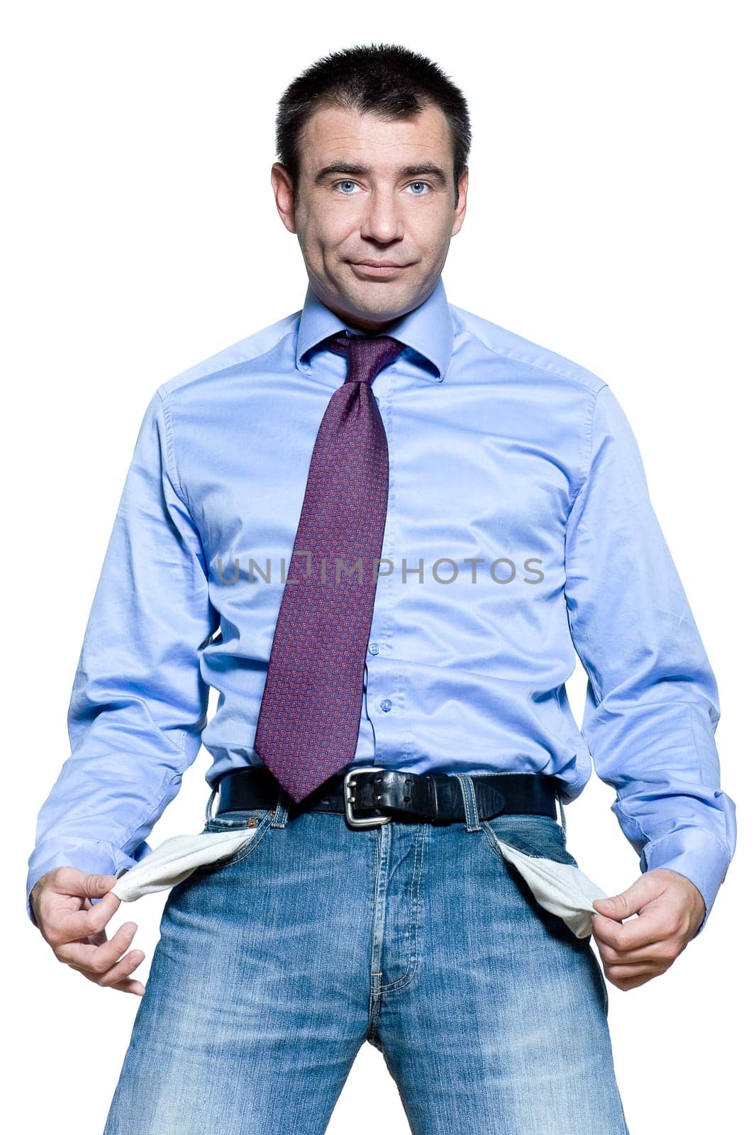 Portrait of an expressive businessman showing his empty pockets isolated on white background