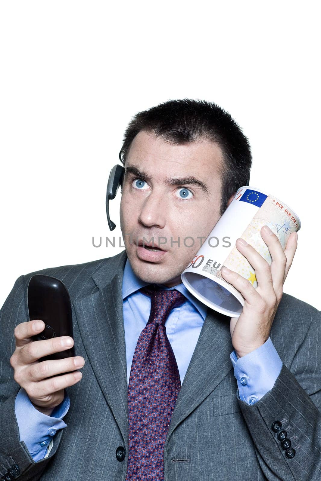 Portrait of shocked businessman with phone and money box in studio on isolated white background
