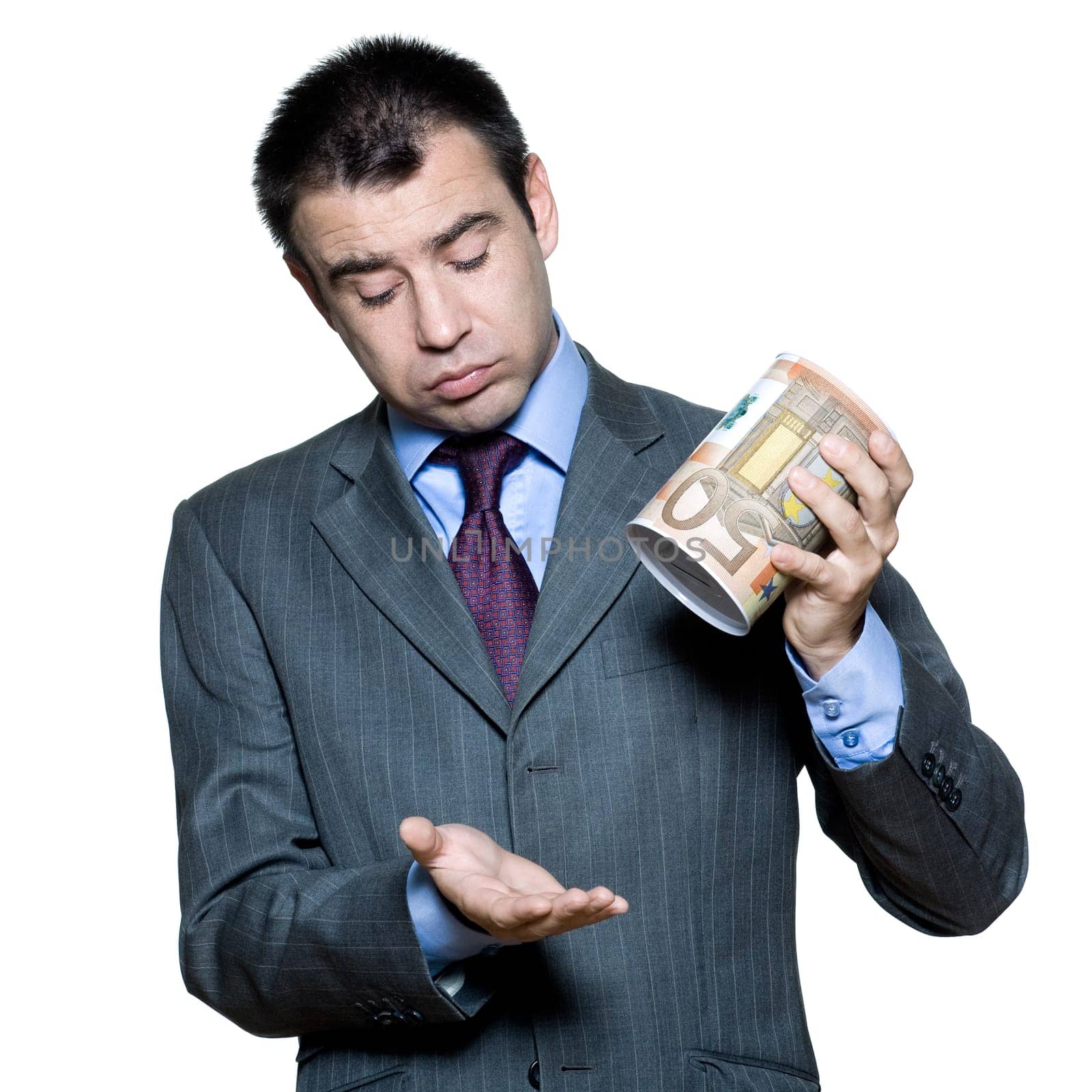 Portrait of sullen  businessman with an empty  money box  in studio on isolated white background