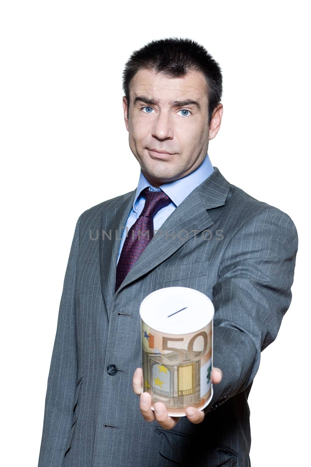 Portrait of businessman holding money box begging for money in studio on isolated white background