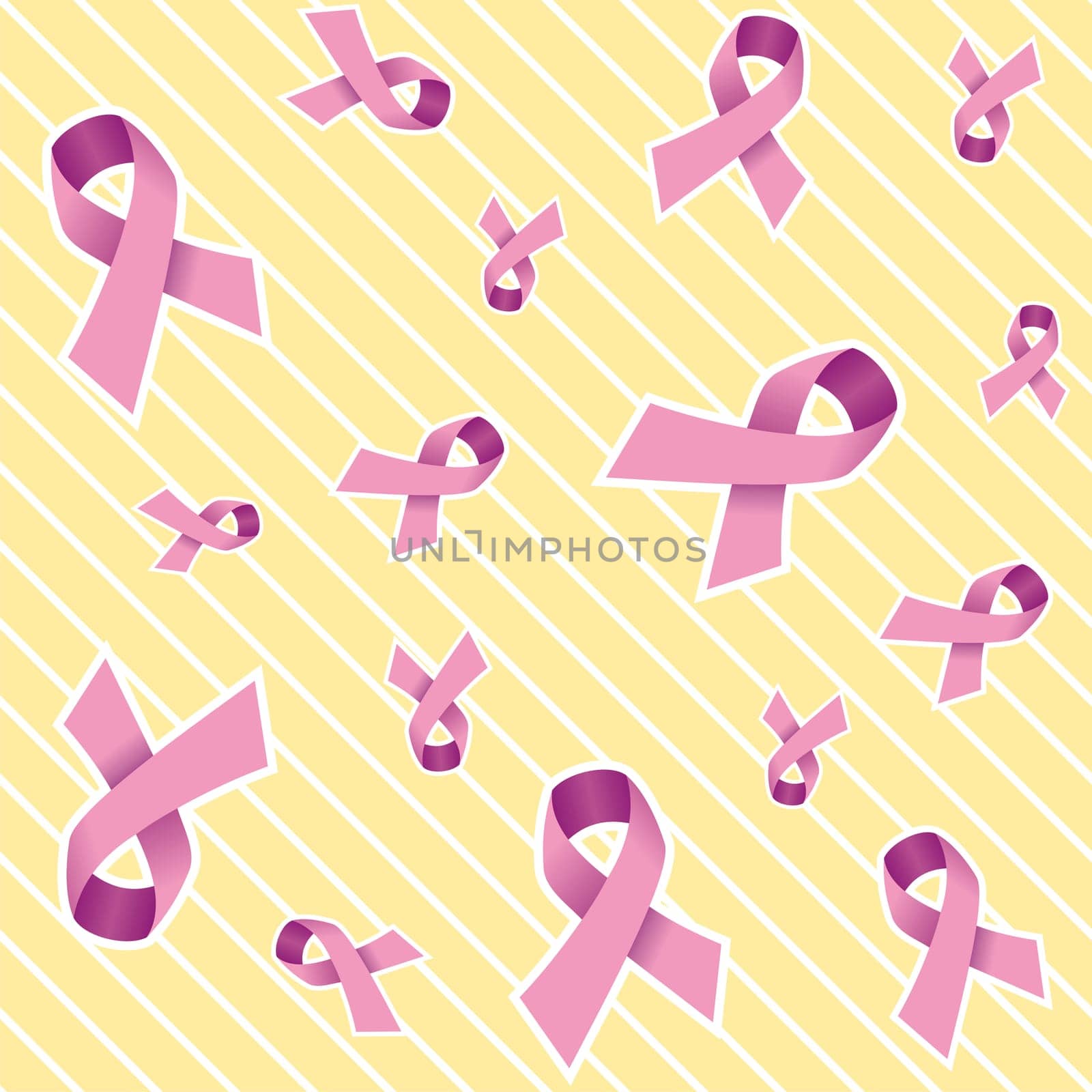 Pink breast cancer ribbon pattern on striped yellow background. Vector file