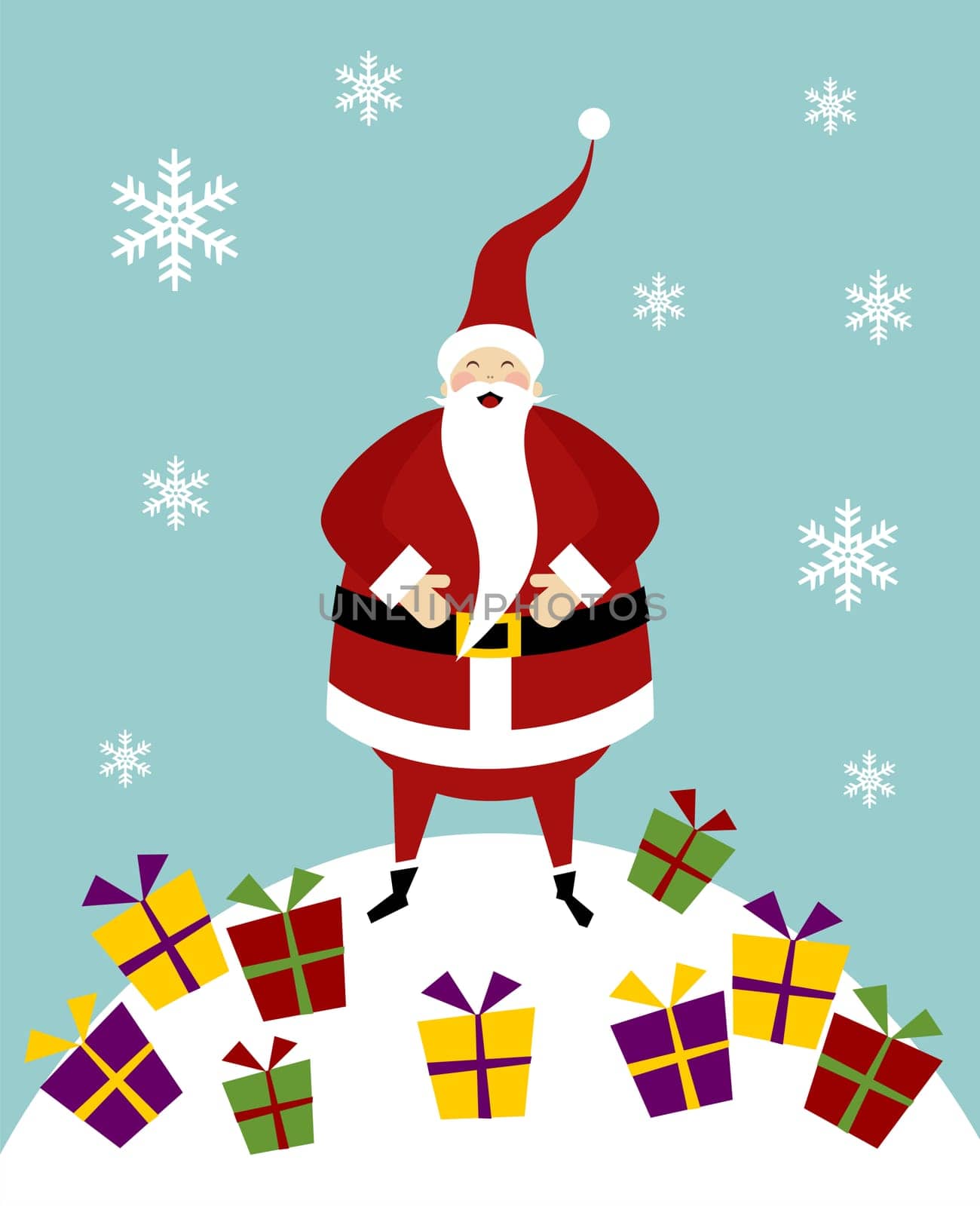 Happy Santa Claus standing on a snow mountain with a lot of colorful gifts.