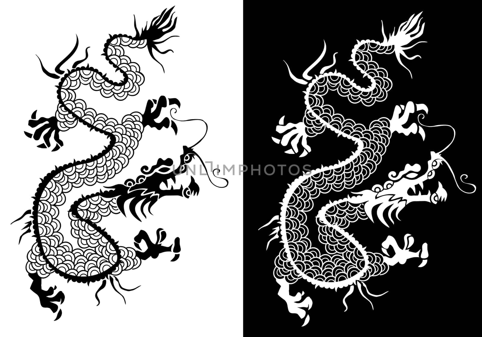 Positive negative Chinese dragon silhouette symbol illustration.