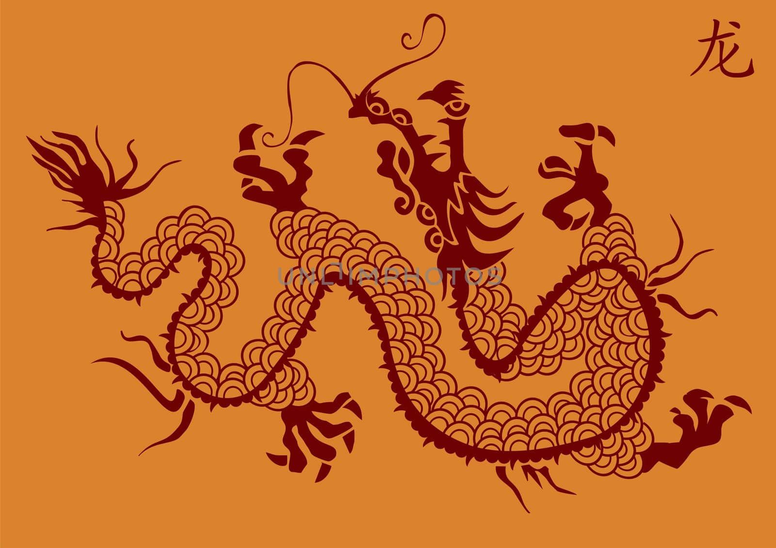 Illustration of ancient chinese dragon silhouette on orange background.