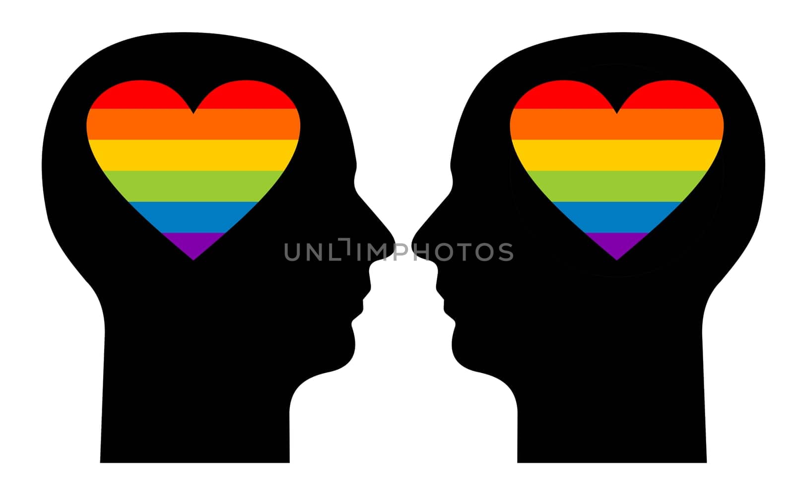 Silhouettes of a gay couple with colorfull hearts in their heads