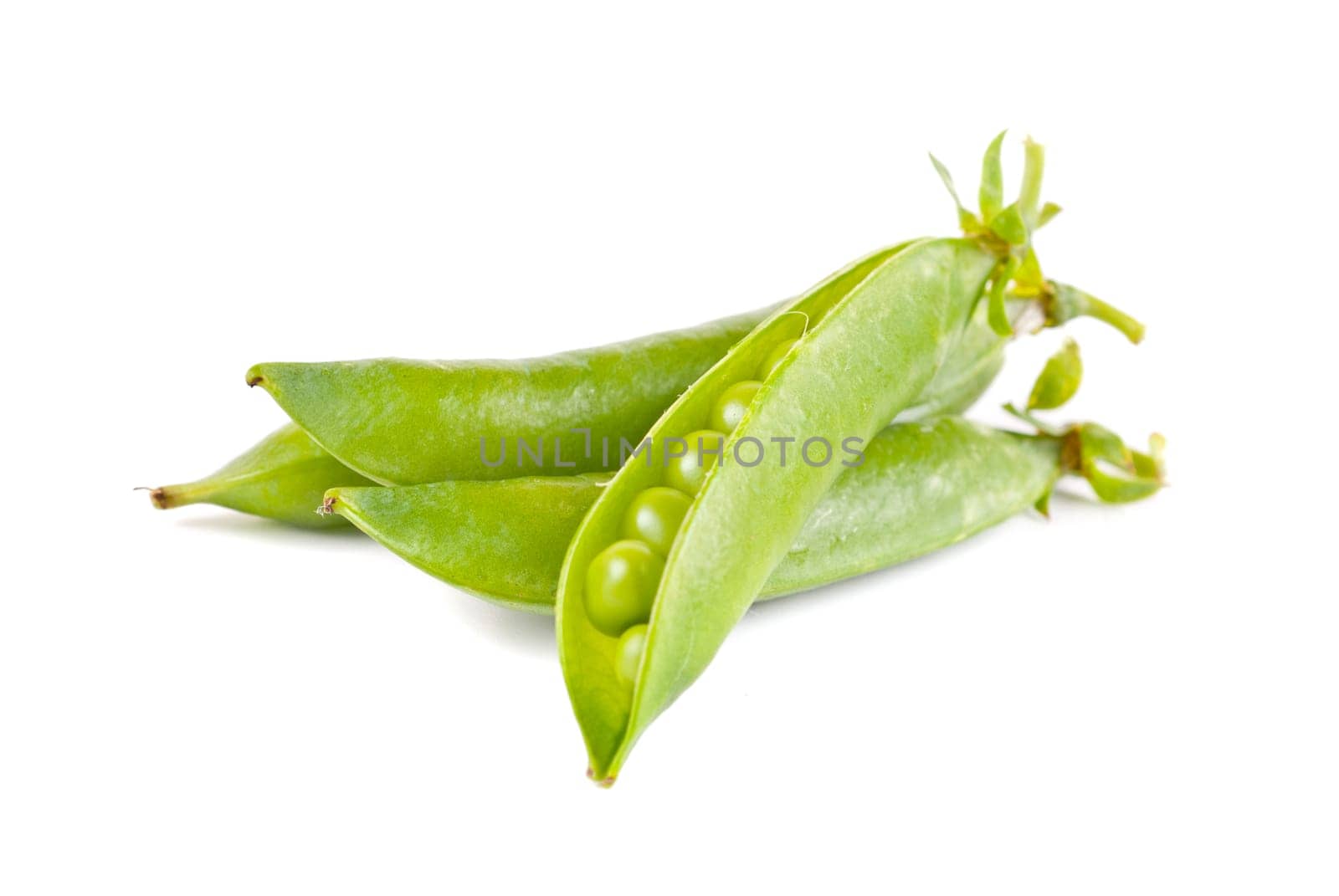 Ripe pea vegetable with green leaf isolated on white background