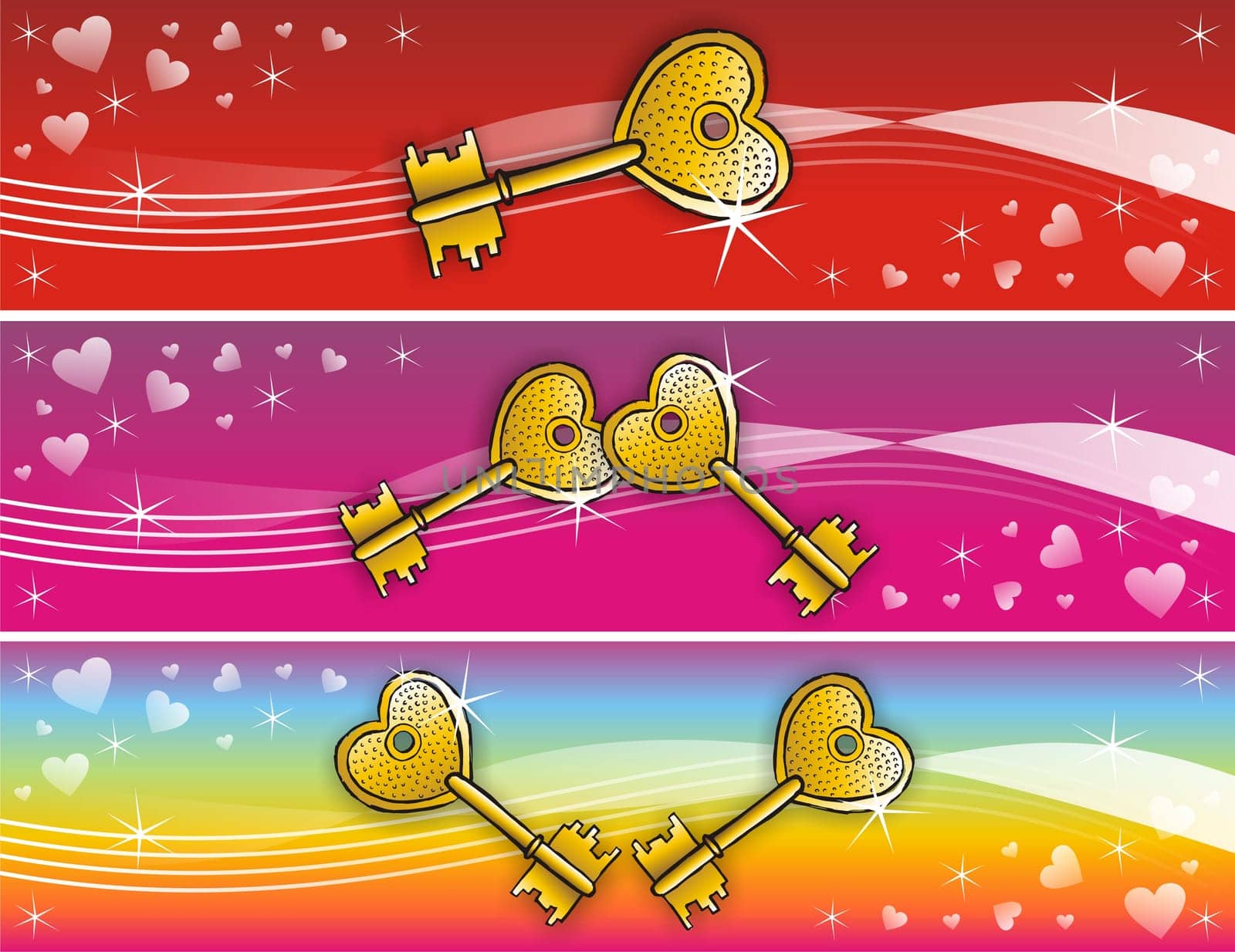 Golden heart-shaped keys over colorfull backgrounds