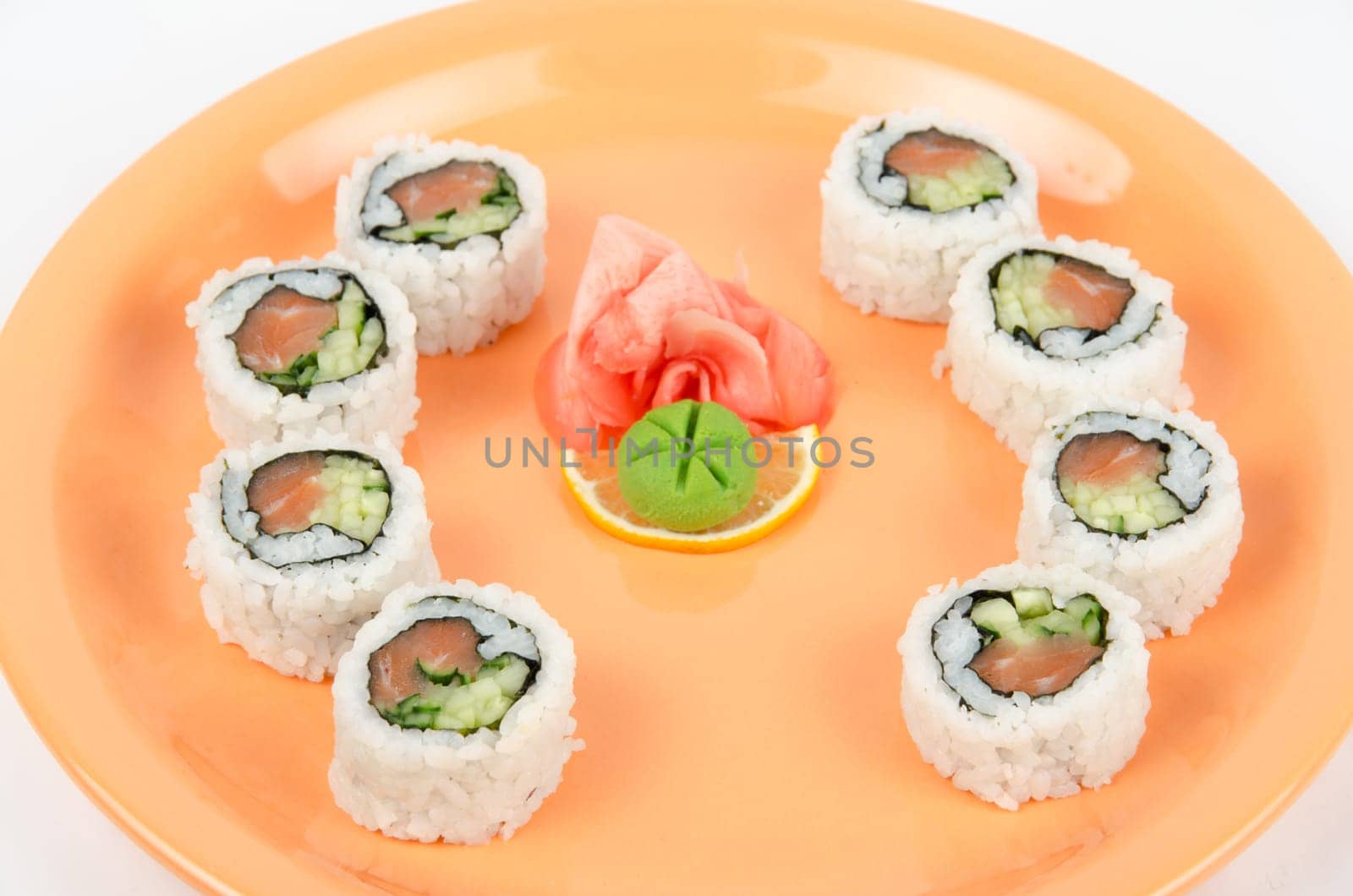 Closeup japanese sushi set at plate on a white