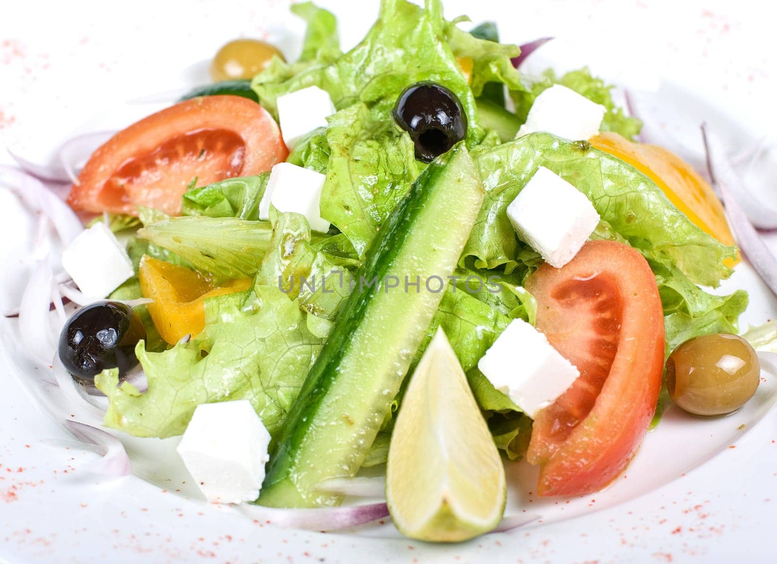 Greece salad closeup dish. Soft focus