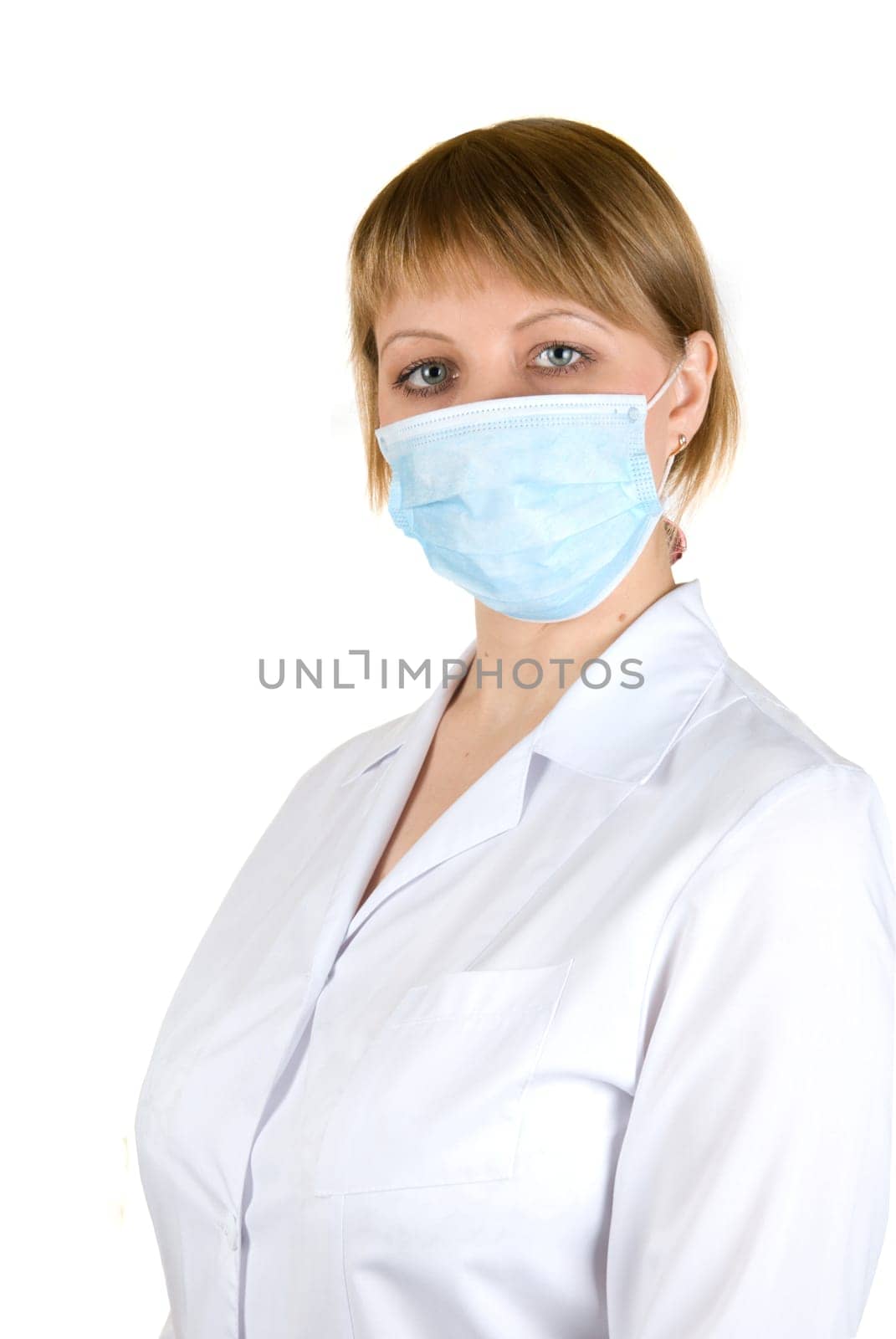 Beautiful young doctor with syringe isolated on white background