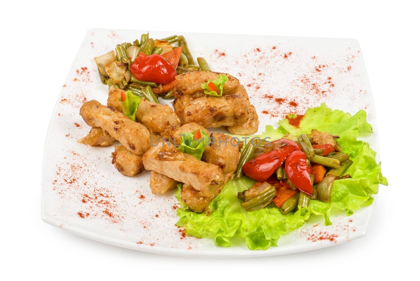 Orient salad with spicy chicken meat and roasted vegetables