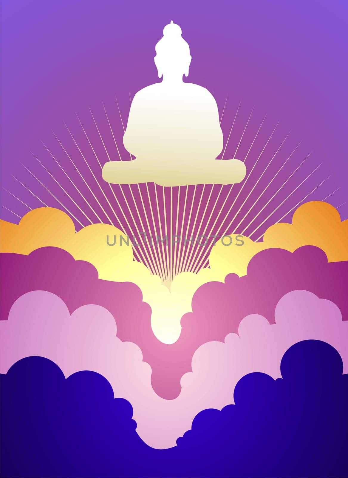 Buddha silhouette at sunrise on violet background  Vector available.