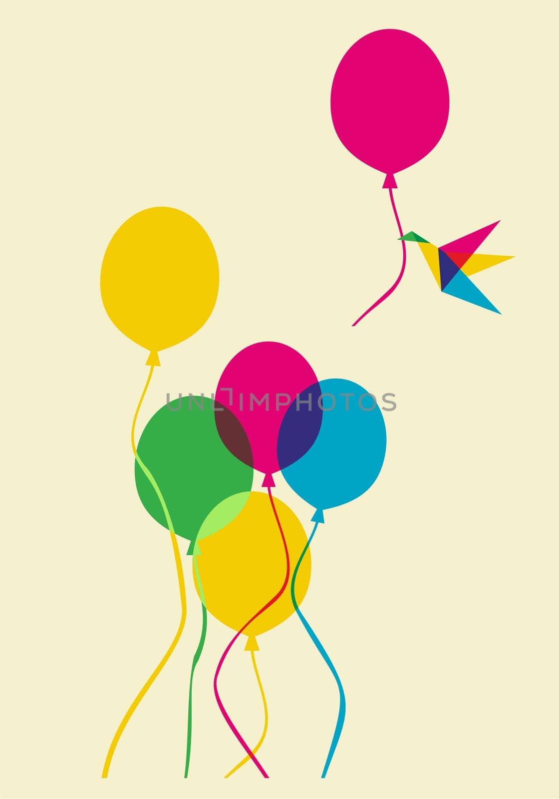 Multicolored humming bird flying with a balloon in its beak. Vector file available.