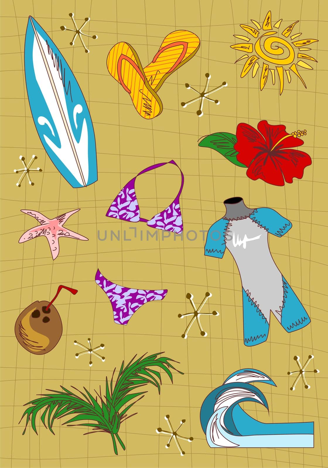 Cartoon style beach and surfing icons set. Vector avaliable.