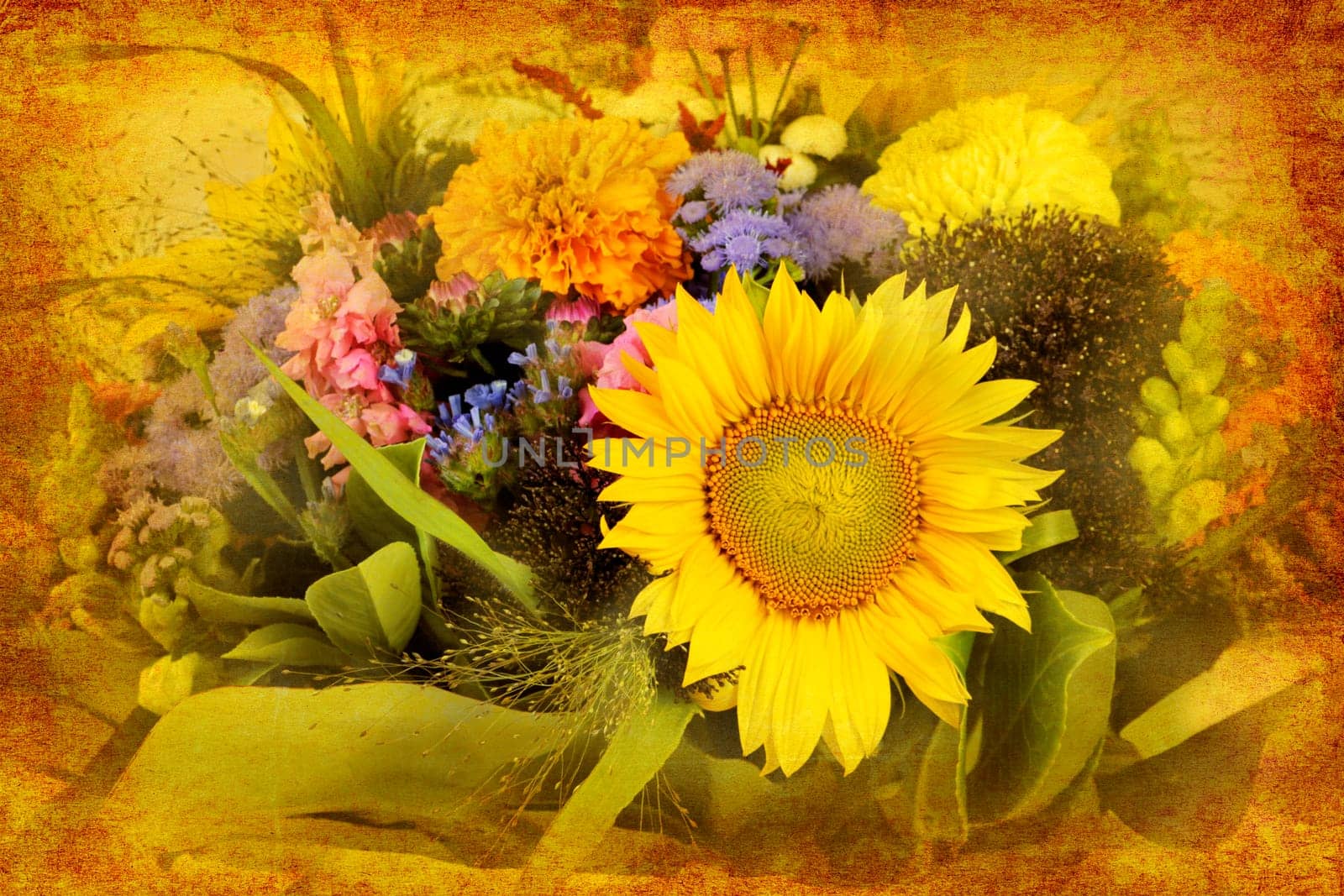Arrangement of mixed garden flowers in retro style