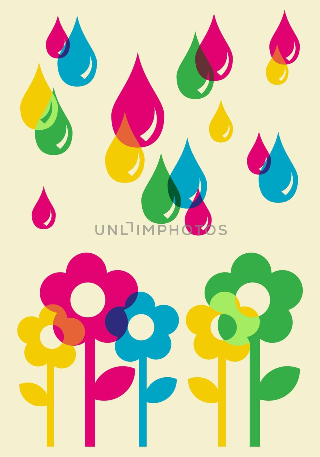 Environment care: multicolored composition of drops watering flowers. Vector file available.