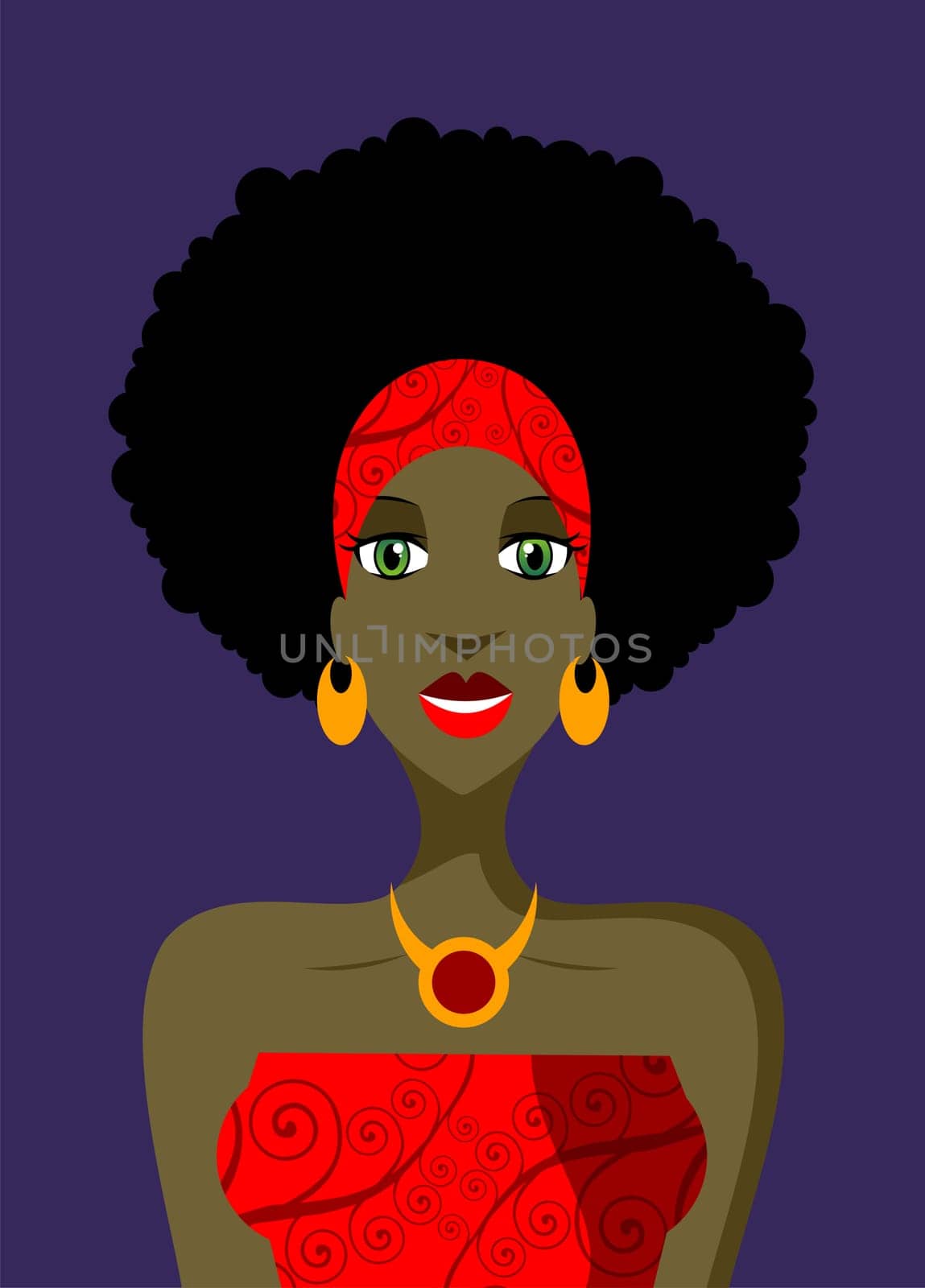 Afro woman with vintage haircut in red dress on violet background. vector available
