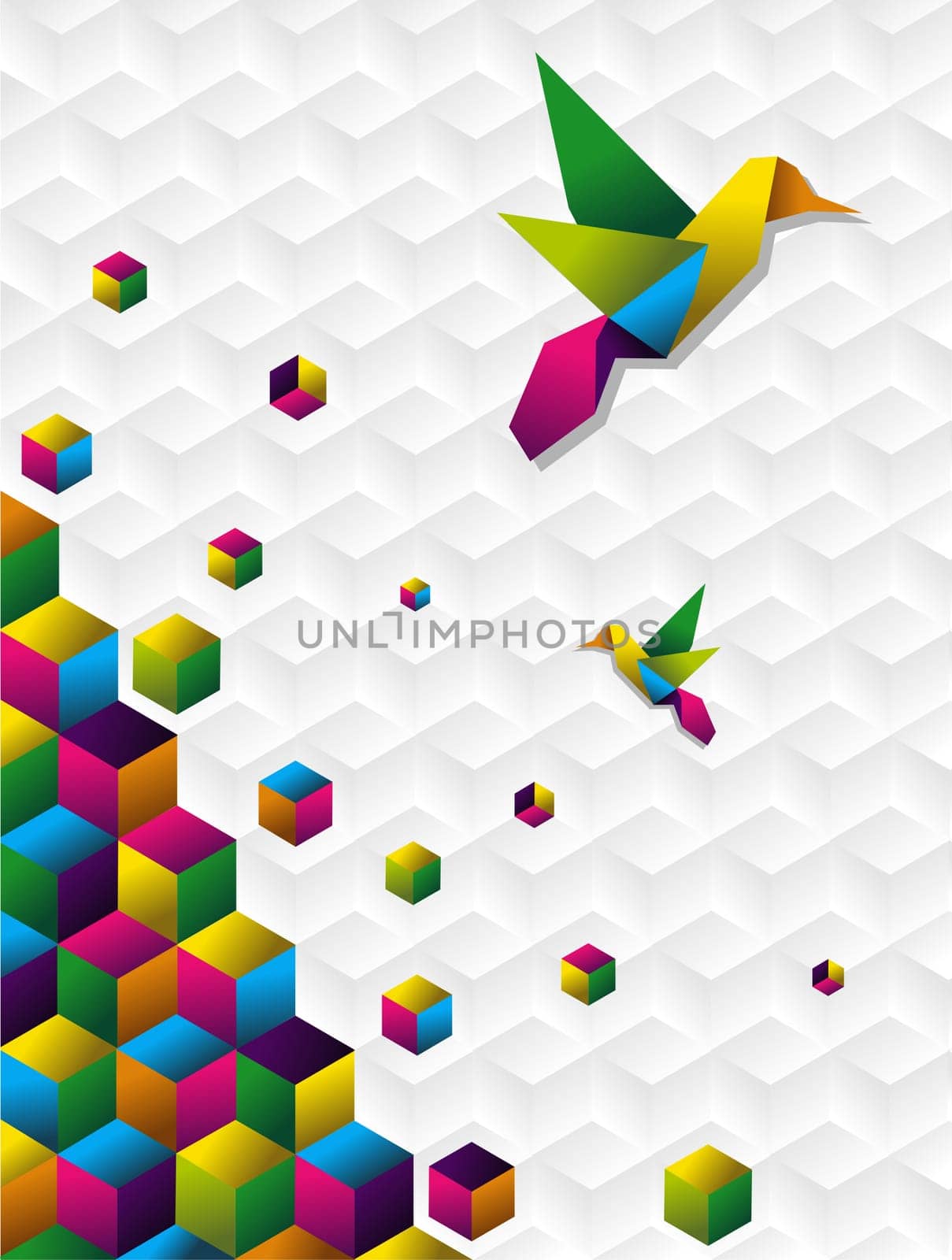 Two colorful colibri origami silhoutte with cubes in motion on white blackground Vector available.