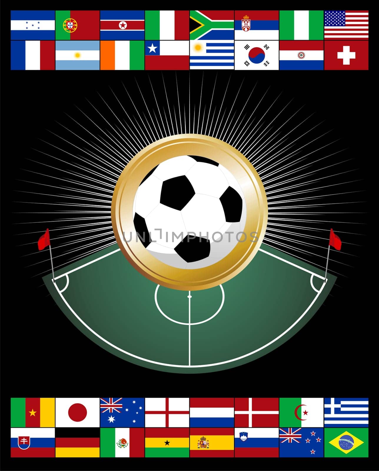 Composition with corner zone and soccer ball, pretending to be a medal.