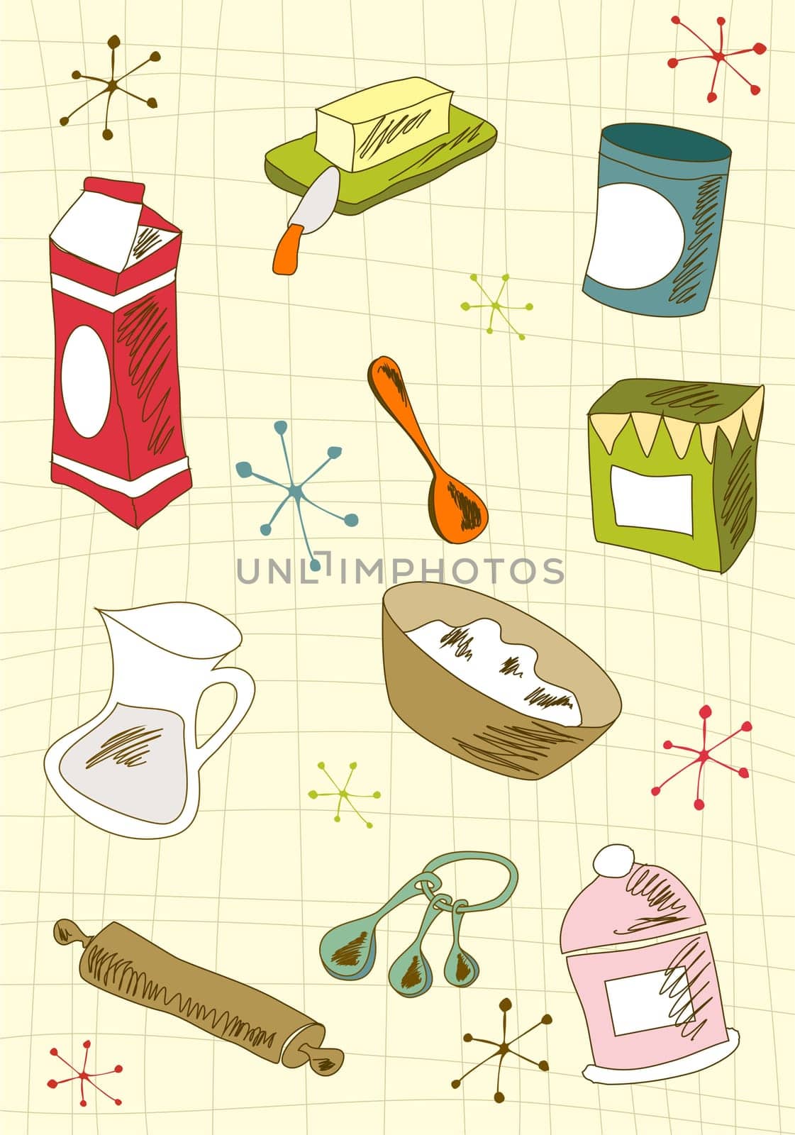 Kitchen retro elements over cream tablecloth background. Vector avaliable.