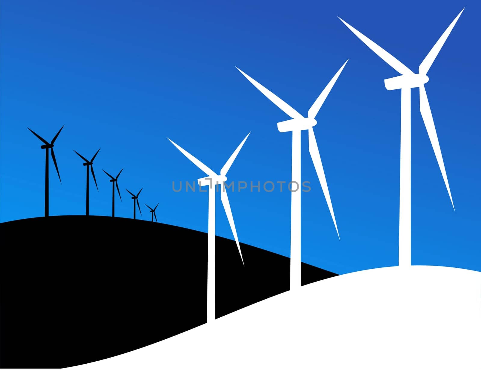 Group of Windmills silhouettes on blue and black background. Vector available.