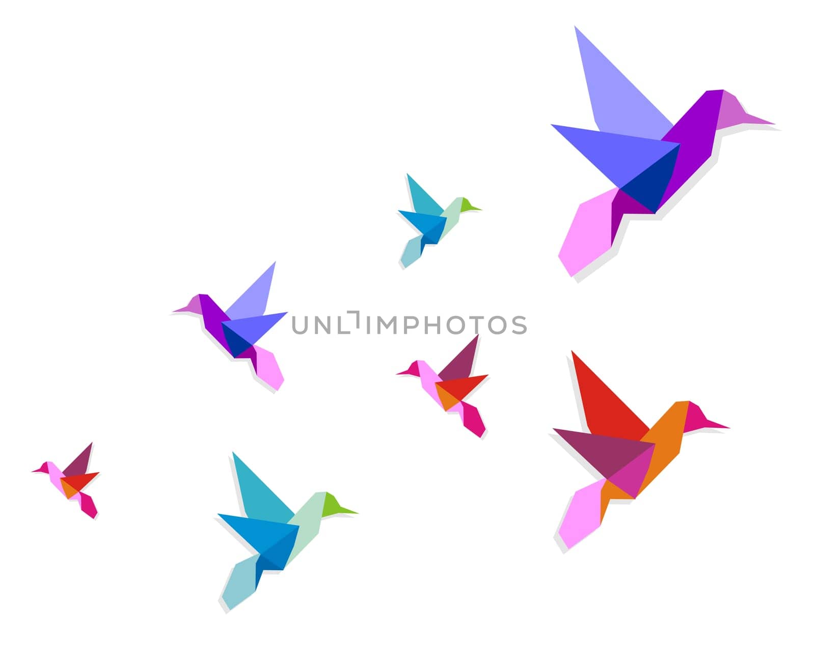 Group of various Origami vibrant colors hummingbirds. Vector file available.
