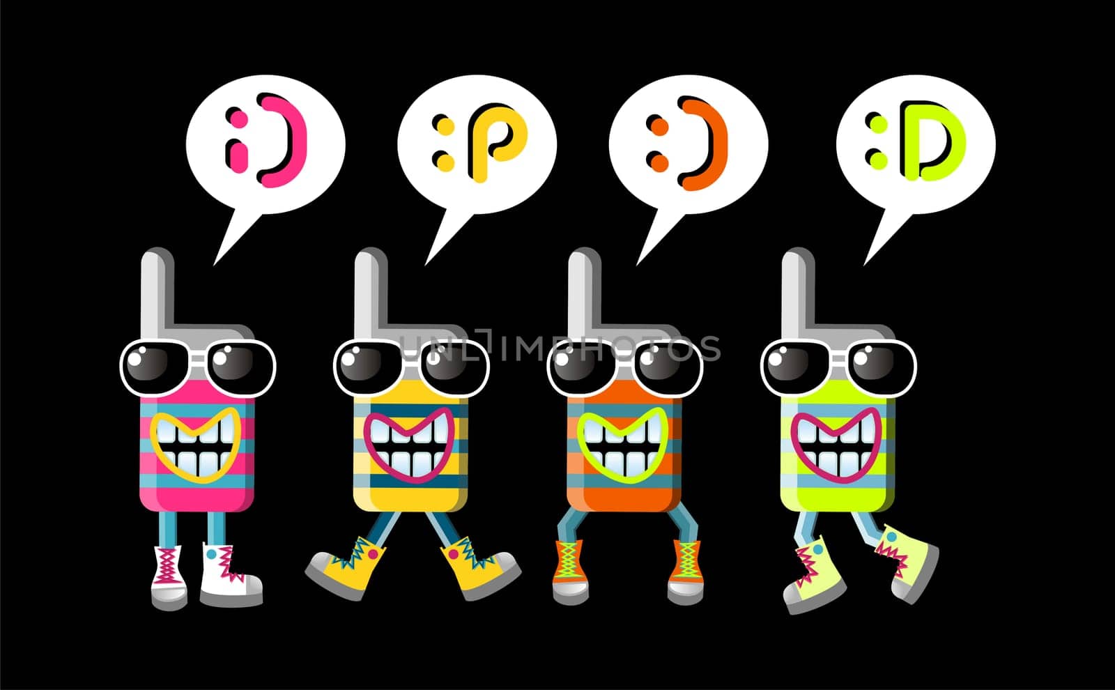 Group of four funky MOBILE PHONES mascots with different expressions. Emoticons over them.