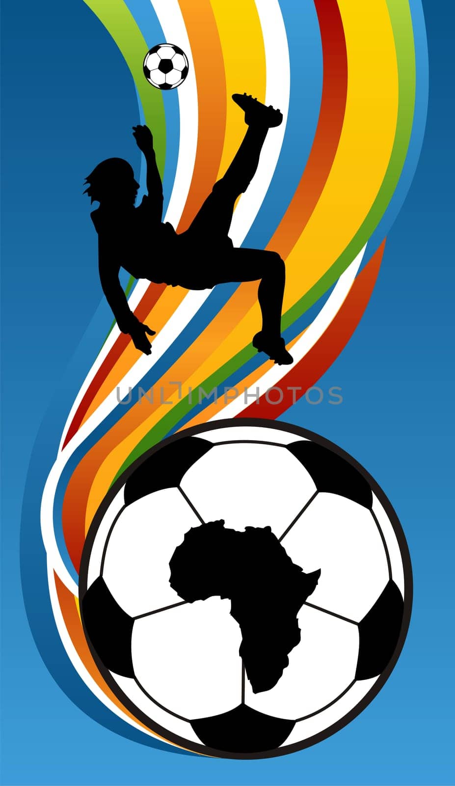 One soccer players about to kick the football with Africa Map over a soccer ball on the bottom. Multicolored banded background.