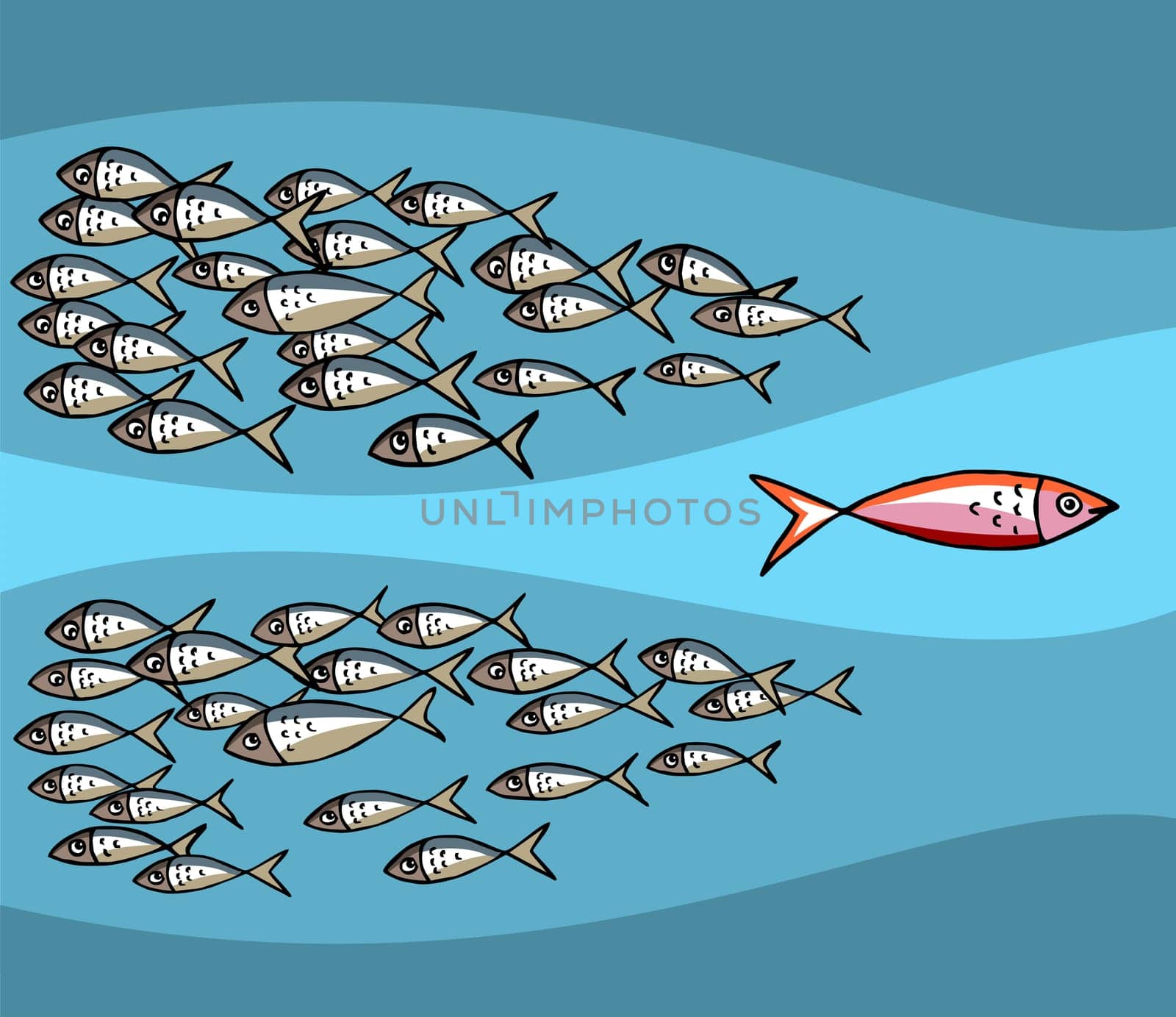 Different Fish Swimming Against The Tide. Blue background. Vector available