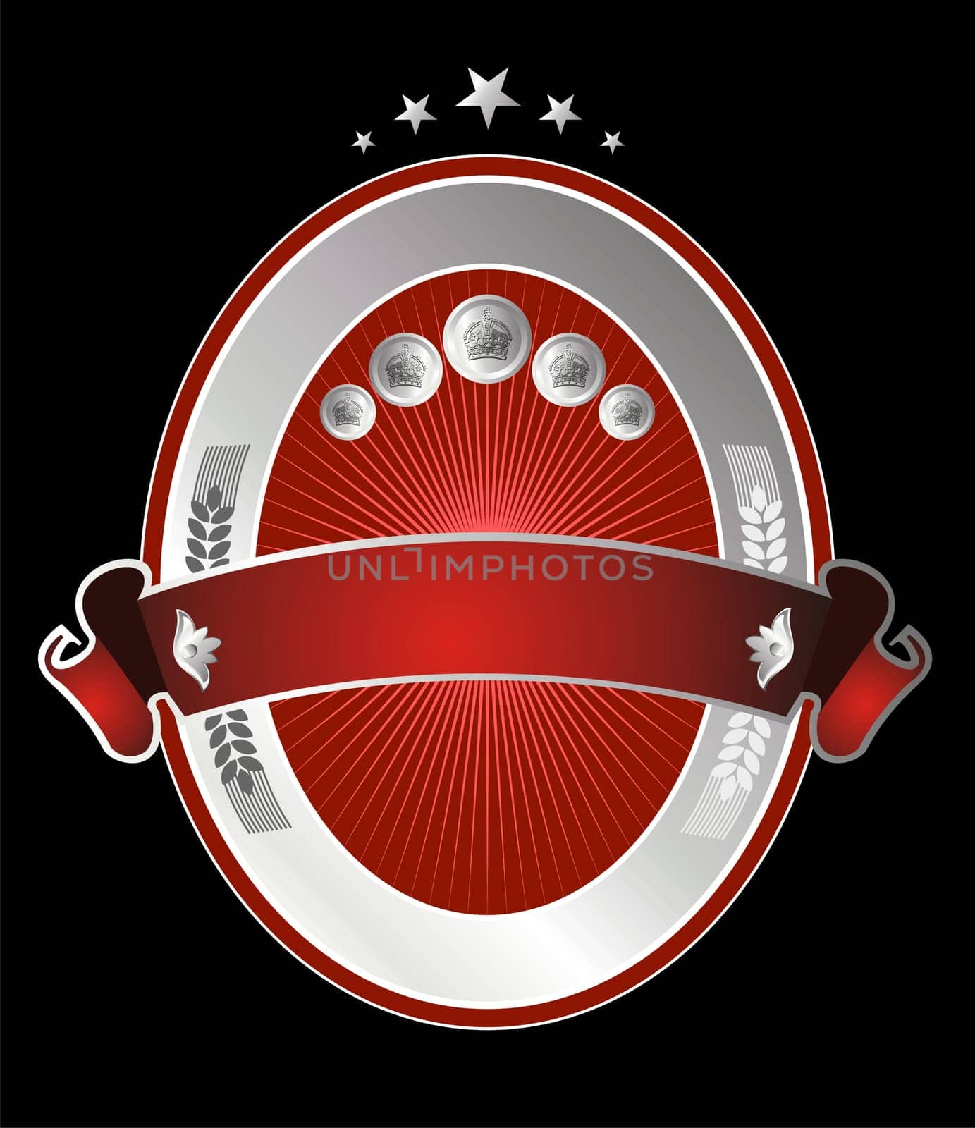 Red beer label with silver oval and five stars on top. Horizontal red ribbon crossed over black background.