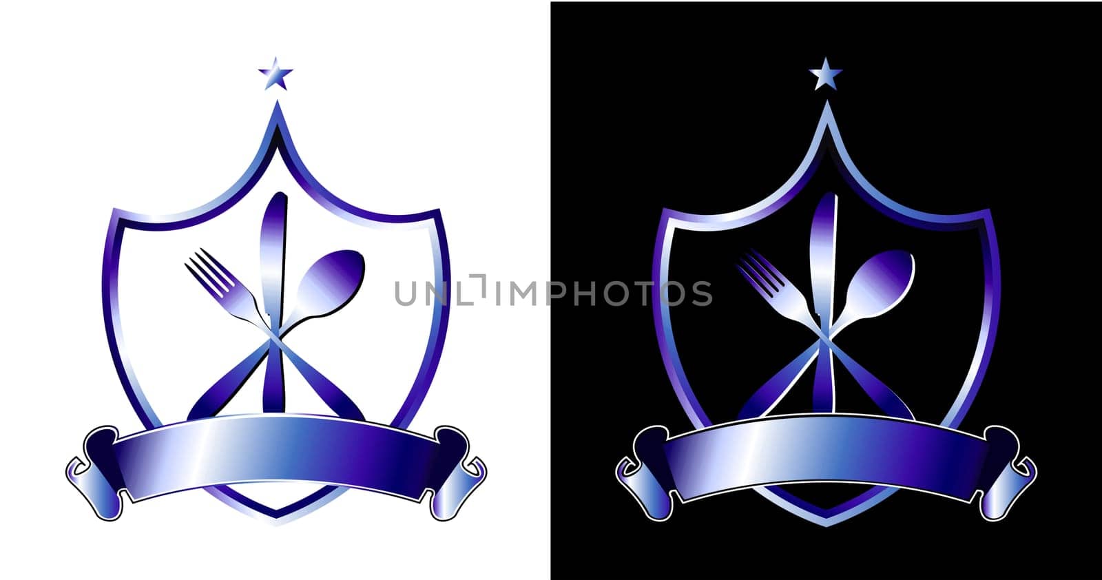 Cutlery icons. Fork, knife and spoon silhouettes in shields on black and white backgrounds. Vector illustration.