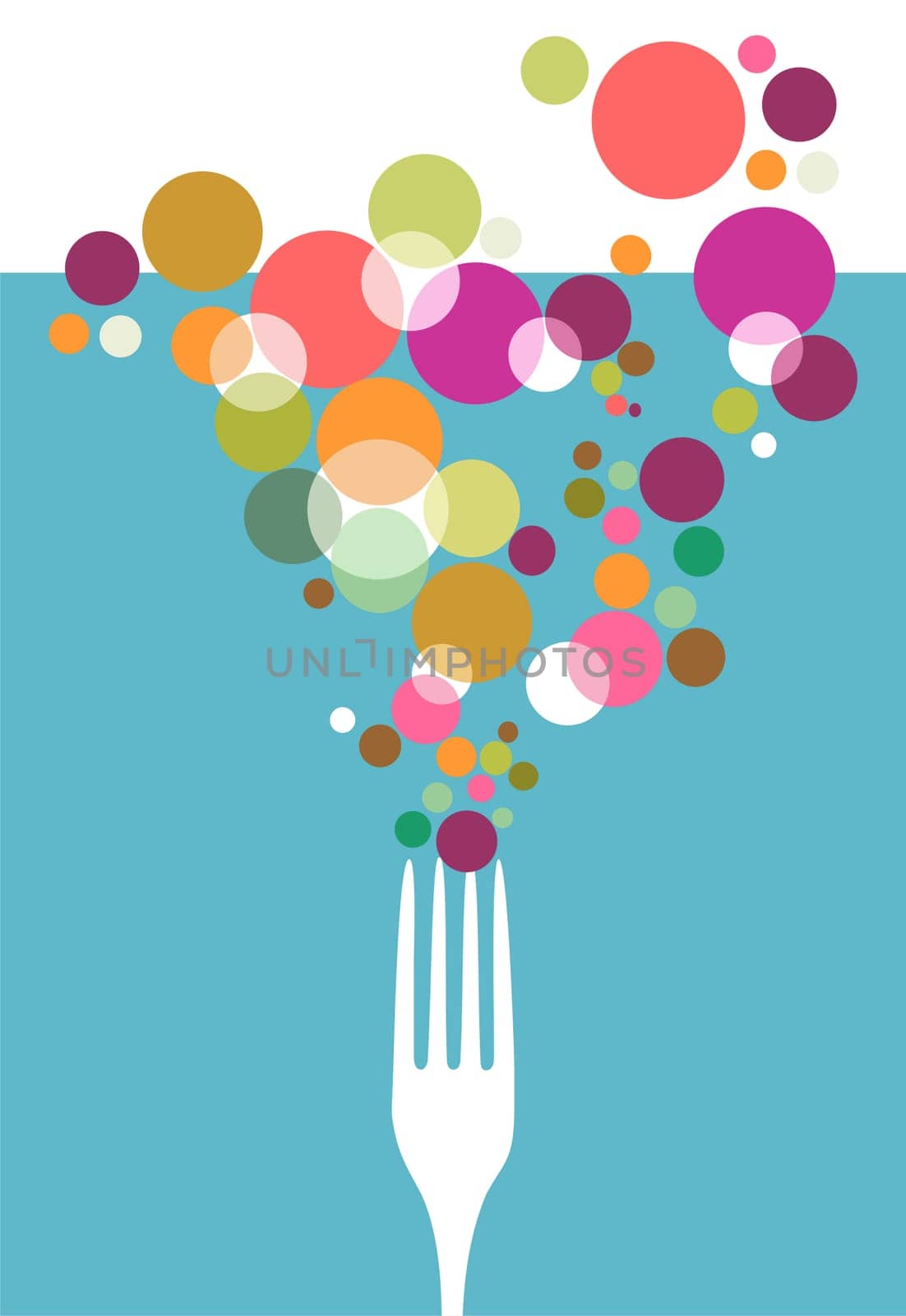 Cutlery icons. One fork silhouette with colorful circles on light blue background. Vector ilustration.