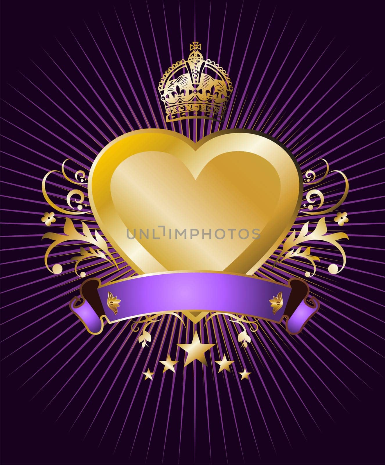 Label with a golden, crowned and winged heart over violet background. Useful for gift and Velantines card design.