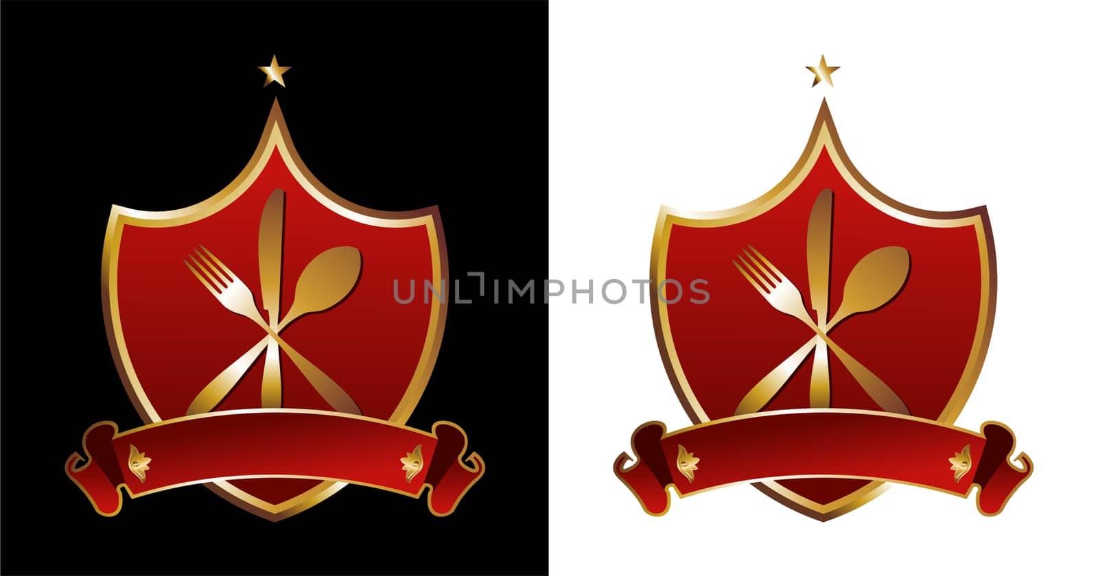 Cutlery icons. Golden cutlery silhouettes in shields on black and white backgrounds. Vector illustration.