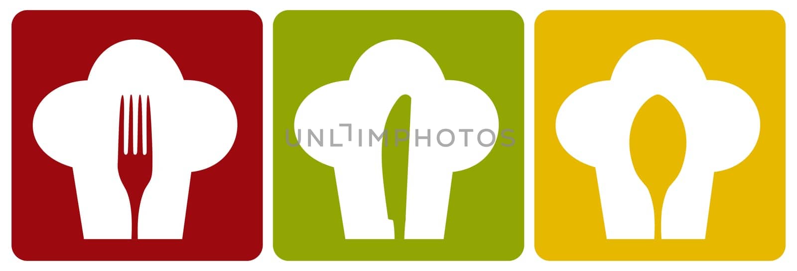 Chef icons. Chef hat silhouette pattern with cutlery inside on different background. Vector available.