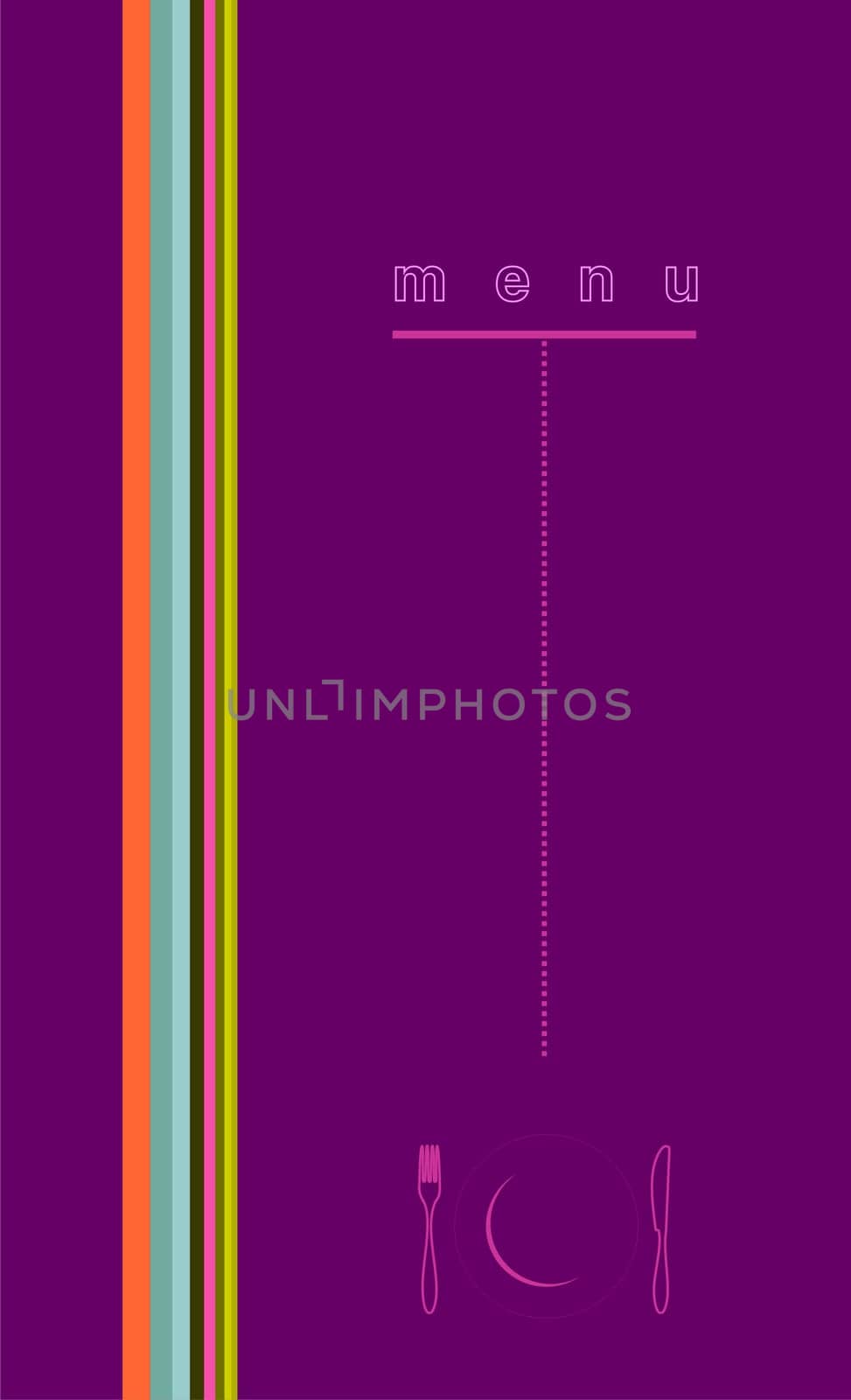 illustration on purple background with multicolor trimming for food industry, menu, cover