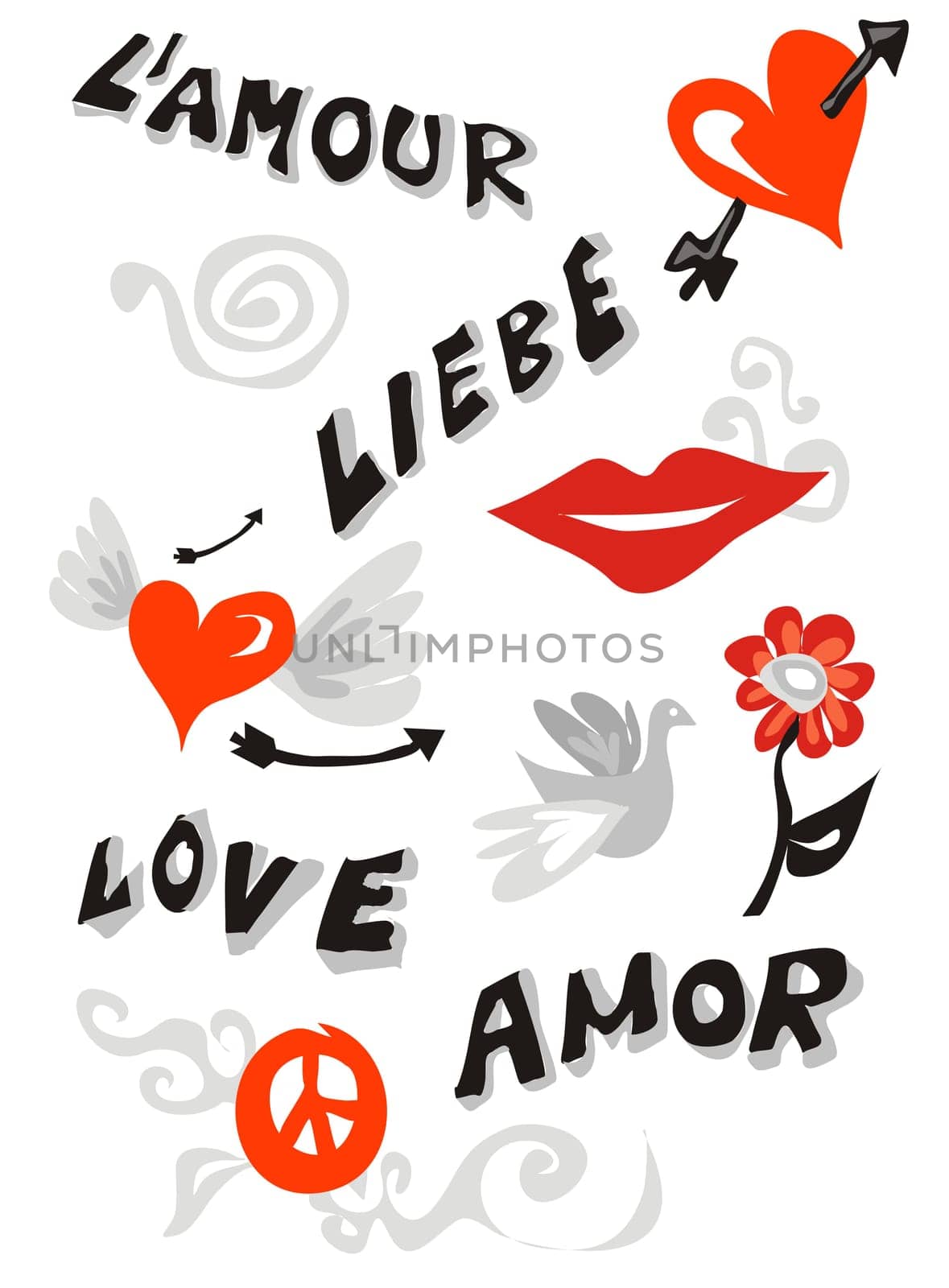 Word love written in different languages and several cute icons. Vector available.