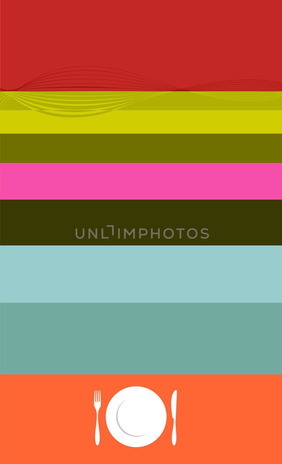 illustration on multicolor horizontal bars background for food industry, menu, cover