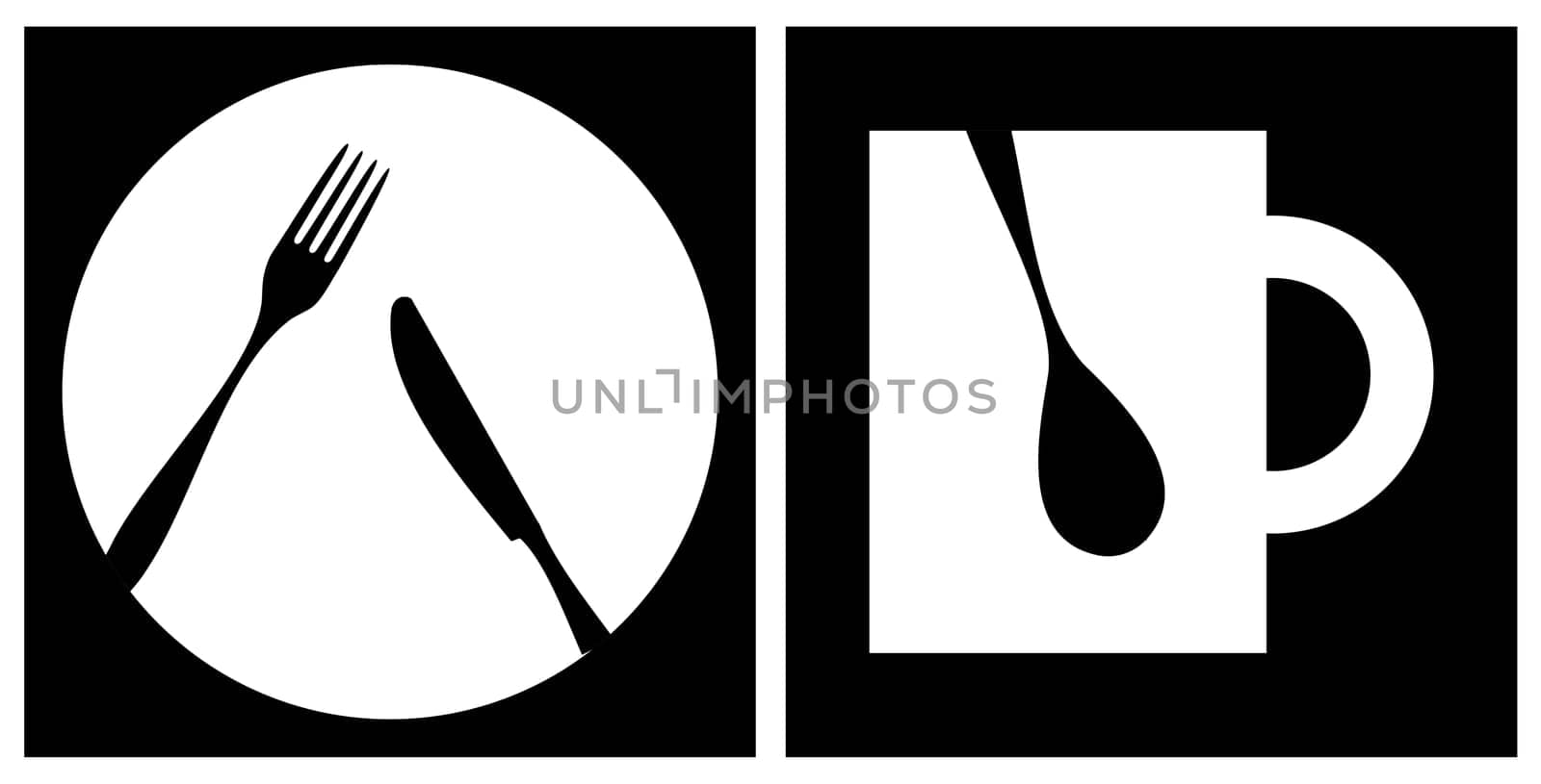 Cutlery icons. White fork, knife, dish, cup and spoon silhouettes on black background with white frame. Vector avaliable